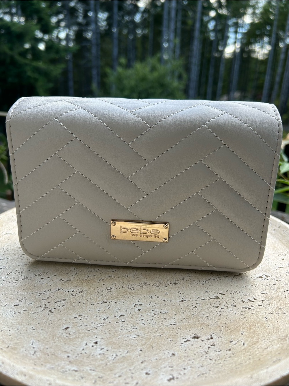 bebe Quilted Crossbody Bag in Light Gray with Gold Plaque